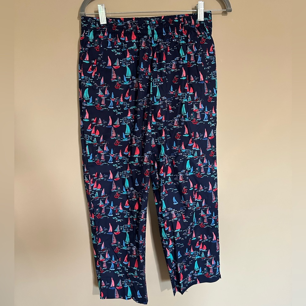 100% cotton navy blue pants with sail boat print. Size small petite. NWOT